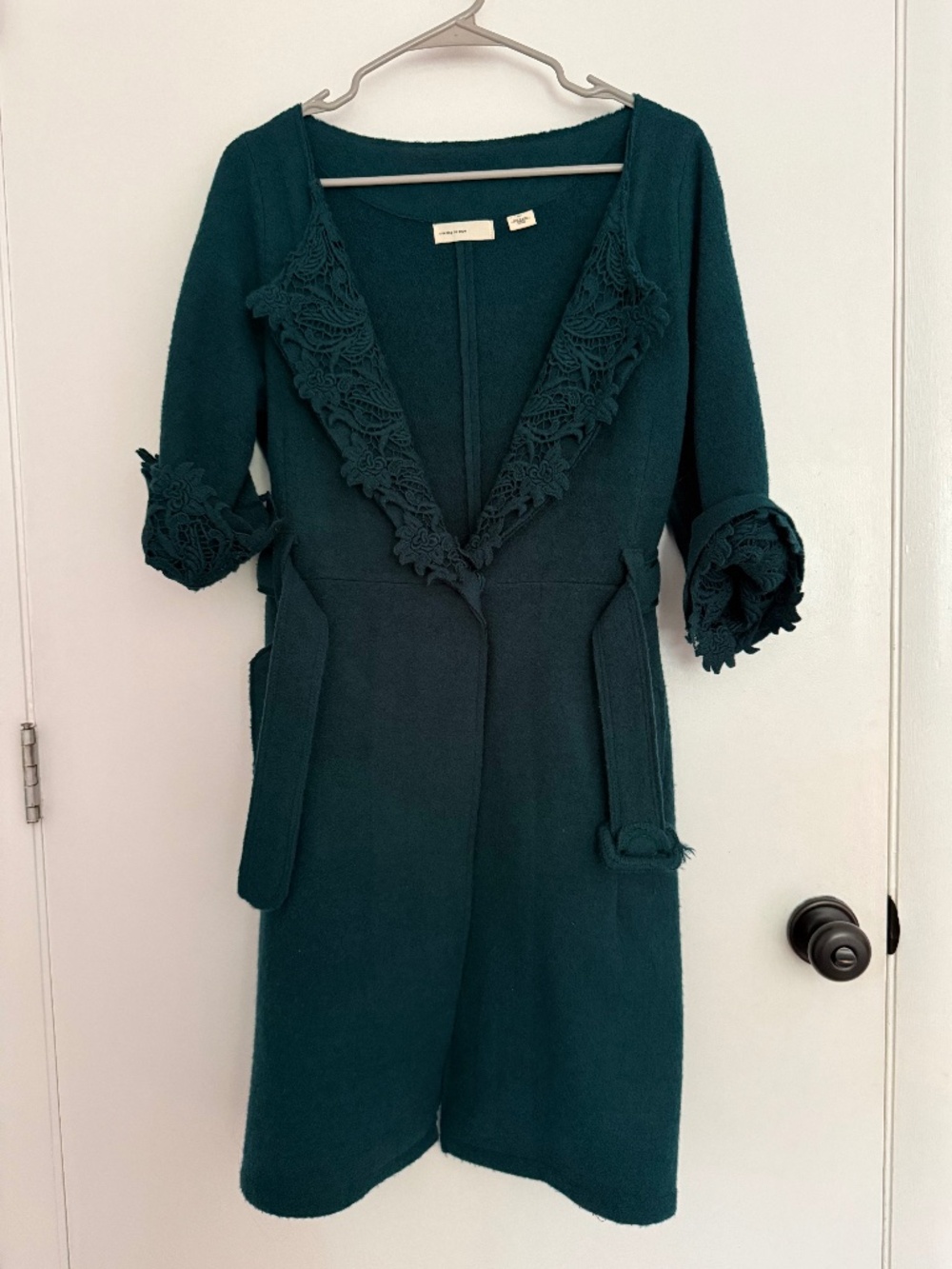 Anthropoligie emerald green short sleeve belted wool sweater size Small